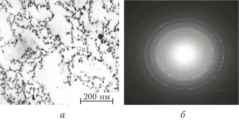 Рис. 15. Плёнка, состоящая из наночастиц Au и SnO<sub>2</sub>:<br /><i>а</i> — изображение, <i>б</i> — дифракционная картина.<br />Фотографии получены методами, основанными<br />на использовании волновых свойств электронов