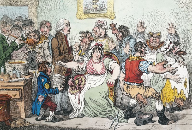 Карыкатура Джэймса Гілрэя «Каровіна воспа, ці Цудоўнае дзеянне новай прышчэпкі» (1802)